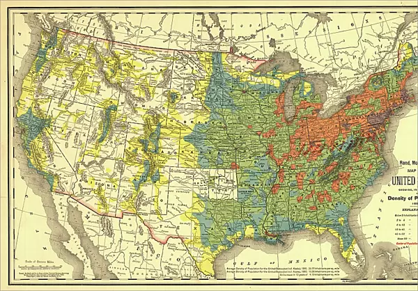 Rand, McNally & Co.'s map of the United States showing, in six degrees the density of pop... 1890. Creator: Rand McNally. Rand, McNally & Co.'s map of the United States showing, in six degrees the density of pop... 1890. Creator: Rand McNally