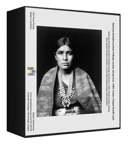 Head-and-shoulders portrait of Navajo woman, facing front, c1904. Creator: Edward Sheriff Curtis