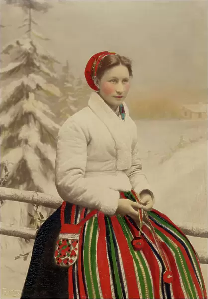 A woman in folk costume and white fur-trimmed jacket, 1886-1920. Creator: Helene Edlund