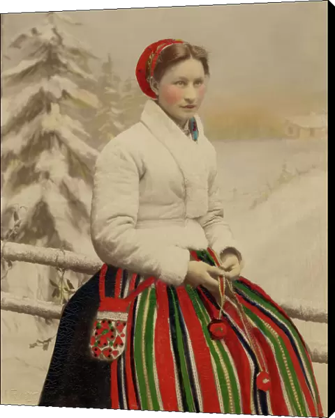 A woman in folk costume and white fur-trimmed jacket, 1886-1920. Creator: Helene Edlund