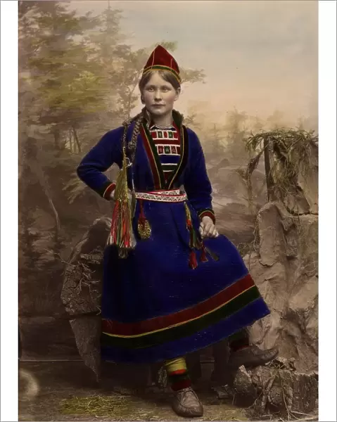 Woman wearing Sami costume - Inga Åren, Frostviken, Lapland, 1870-1898. Creator: Helene Edlund