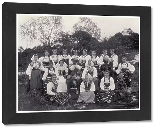Group picture of the staff at Skansen, hills and a man in the middle, 1896. Creator: Frans Gustaf Klemming