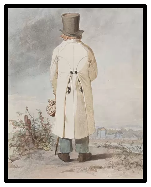 Man in costume with white coat, hat and cane, standing full-length, back view, 1810-1857. Creator: Otto Wallgren