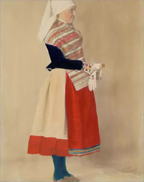 Woman dressed in folk costume, holiday costume from northern Öland, 1880-1907. Creator: Helene Edlund