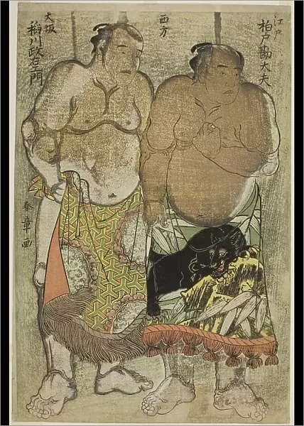 Sumo Wrestlers of the Western Group: (right) Kashiwado Kandayu from Edo, (left) and... c. 1784. Creator: Shunsho