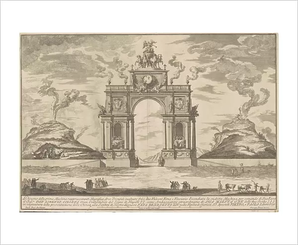 The Prima Macchina for the Chinea of 1756: A Triumphal Arch between Mount Etna... 1756. Creator: Giuseppe Pozzi