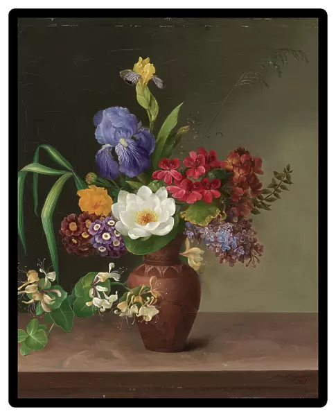 Greek-style vase with iris, sorrel and honeysuckle, 1831. Creator: Hermania Neergaard