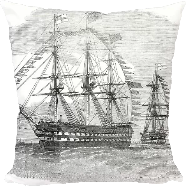 The Naval Review: the Pivot-Ships 'Rodney' and 'London' - drawn by E. Weedon, 1856. Creator: Unknown. The Naval Review: the Pivot-Ships 'Rodney' and 'London' - drawn by E. Weedon, 1856. Creator: Unknown