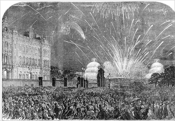 The Peace Commemoration: the Fireworks, sketched from the Mall, in St. James's Park, 1856. Creator: Unknown