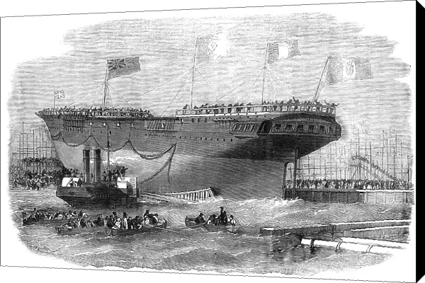 Launch of the 'Torino', at Blackwall, 1856. Creator: Edwin Weedon. Launch of the 'Torino', at Blackwall, 1856. Creator: Edwin Weedon