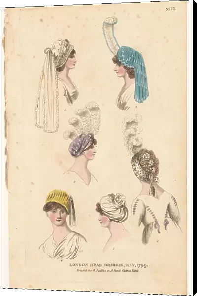 Magazine of Female Fashions of London and Paris, No. 15: London Head Dresses, May, 1799, 1799. Creator: Unknown