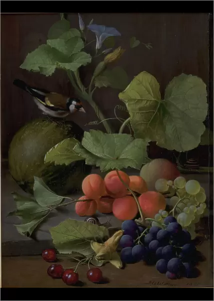 Still Life with Fruits and a Goldfinch, 1855. Creator: Otto Didrik Ottesen