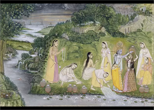 Krishna with Gopis on a Riverbank, 1750-1775. Creator: Unknown