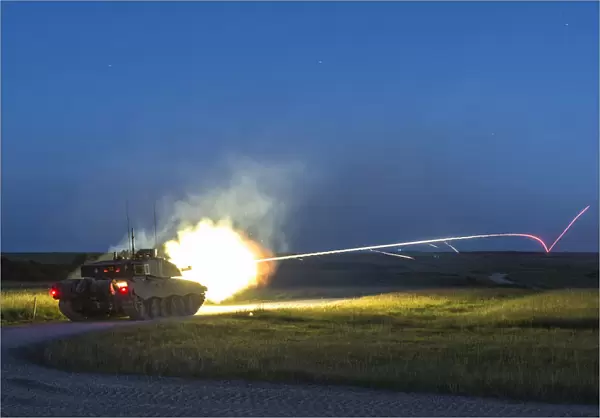 Challenger 2 Tank Firing a Shell at Night