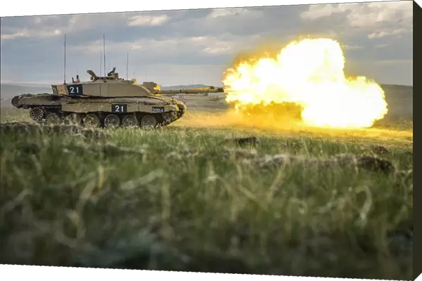A Challenger 2 MBT firing as part of the Royal Welsh Battle Group during Exercise Prairie Lightning