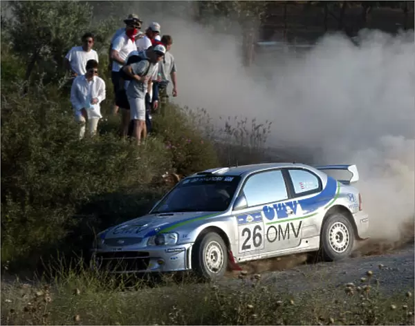 Manfred Stohl in action in the Hyundai Accent WRC, Acropolis Rally 2003