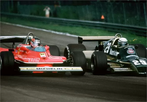 Formula One World Championship: Seventh placed Gilles Villeneuve Ferrari 312T4, who ran out of fuel on the final lap of the race, attempts to