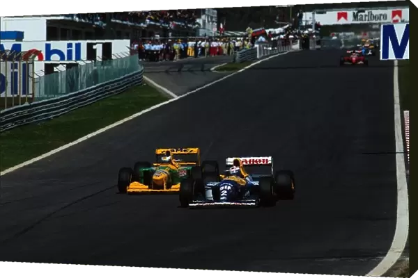Formula One World Championship: Michael Schumacher Benetton B193A attempts to overtake Alain Prost