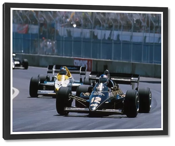 Formula One World Championship: The Lotus of Nigel Mansell leads the Williams of race winner Keke Rosberg
