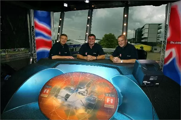 Formula One World Championship: The ITV Formula One presenting team in the studio. L-R: Tony Jardine, Mark Blundell and Jim Rosenthall