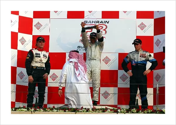 Bahrain F3 Superprix: Podium L to R: Nico Rosberg Team Rosberg, Lewis Hamilton Manor Motorsport and Jamie Green ASM