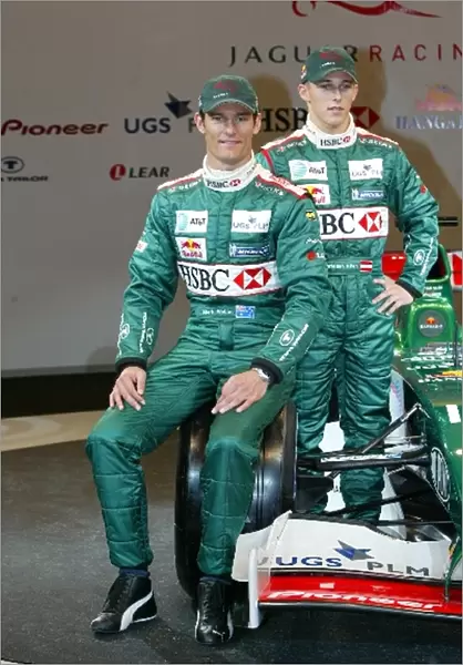 Formula One Launch: L-R; 2004 team mates Mark Webber and Christian Klien, with the new Jaguar Cosworth R5
