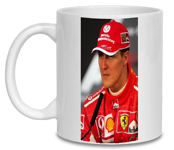 Formula One World Championship: Provisional third placed qualifier Michael Schumacher Ferrari in the FIA Press Conference