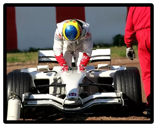 Formula One Testing: Mike Conway Honda RA107 gets out of the car after spinning