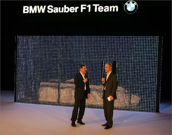 BMW Sauber Launch: Dr Mario Theissen BMW Motorsport Technical Director and Jonathan Legard presenter