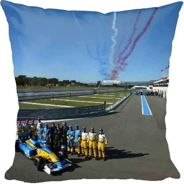 Formula One Launch: The French Air Force display team, the Patrouille de France, fly over the Renault launch