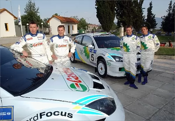 World Rally Championship: The M-Sport Ford Rallye Team drivers unveil the new sponsor liveries on their Ford Focus RS WRC 03. L-R: Markko Martin