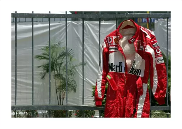 Formula One World Championship: The overalls of Rubens Barrichello Ferrari hanging out to dry