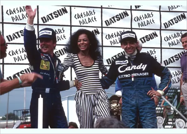 1982 Las Vegas Grand Prix: Michele Alboreto 1st position with the new World Champion Keke Rosberg and singer Diana Ross on the podium