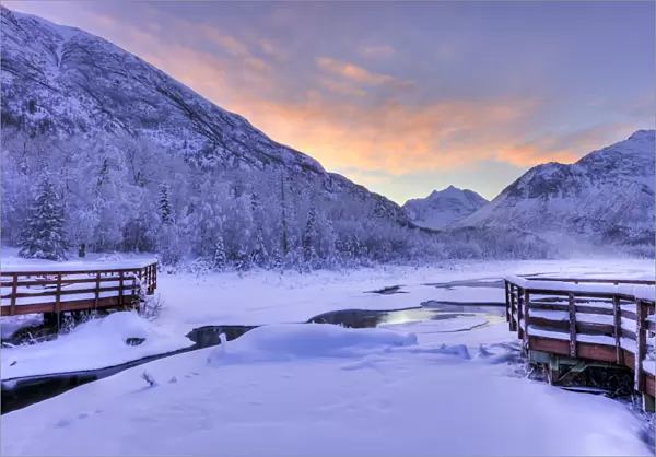 Colorful Sunrise Over A Stream And The Salmon Viewing Deck At The Eagle River Nature Center In Chugach State Park, Southcentral Alaska, Winter, Hdr
