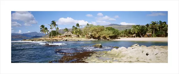 USA, Hawaii, Oahu, Thatched Huts Along Shoreline; Paradise Cove