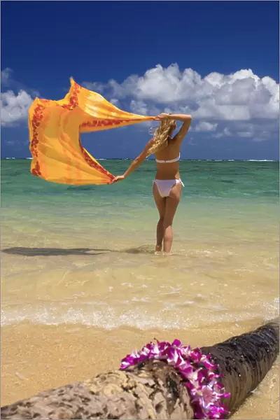 Hawaii, Oahu, Punaluu Beach, Beautiful Young Woman Standing In Ocean Holding Pareo, Lei In Foreground