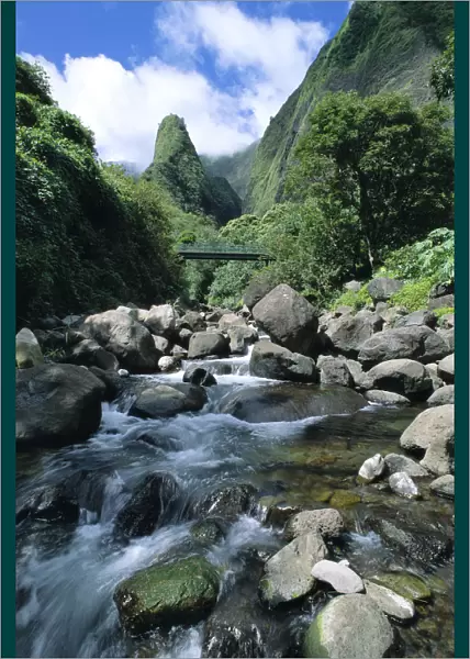 Hawaii, Maui, Iao Needle In Background, Iao Stream Flow Action, Large Rocks A48B