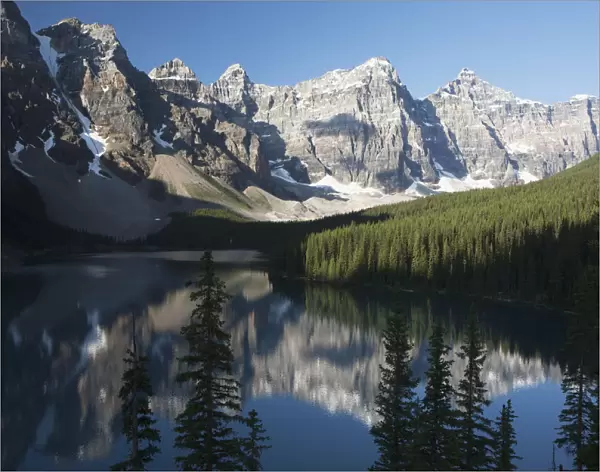 Mountain Range And Lake Reflection With Blue Sky; Alberta, Canada