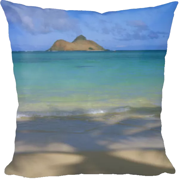 Hawaii, Oahu, Lanikai, Shoreline With Palm Shadows, Calm Turquoise Ocean Mokulua Islands Distance, Panoramic