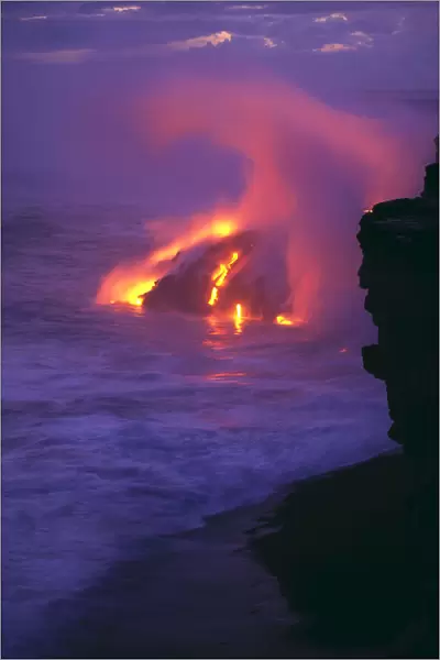 Hawaii, Big Island, Kilauea Volcano, Lava Meets Ocean Action, Glowing In Pink Steamy Skies