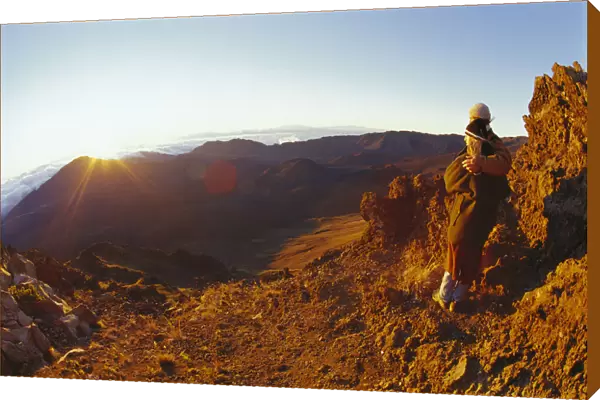 Hawaii, Maui, Haleakala Crater, Couple Embrace At Summit Watch Sunrise Stand On Rim Bright Sunlight Sunrays