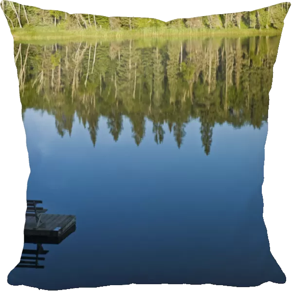 Bench On A Dock And Trees Reflected In Water, Two Mile Lake, Duck Mountain Provincial Park, Manitoba