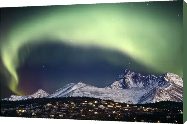 Composite Aurora Borealis Over Hillside Neighborhood & Chugach Mountains Anchorage Alaska