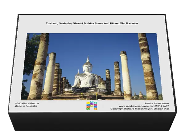 Thailand, Sukhotha, View of Buddha Statue And Pillars; Wat Mahathat