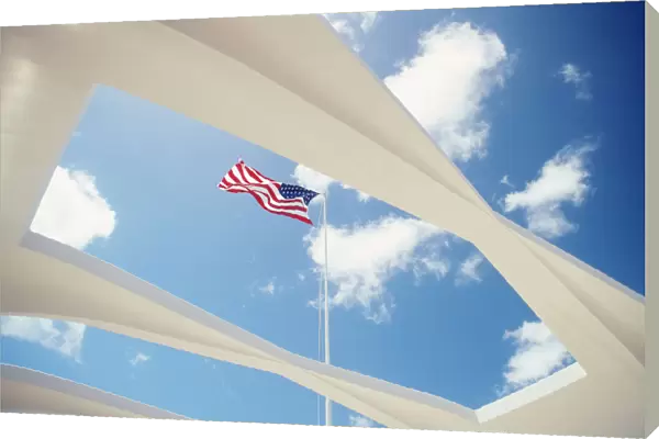 Hawaii, Oahu, Pearl Harbor, Arizona Memorial, Flag Through Top Of Memorial