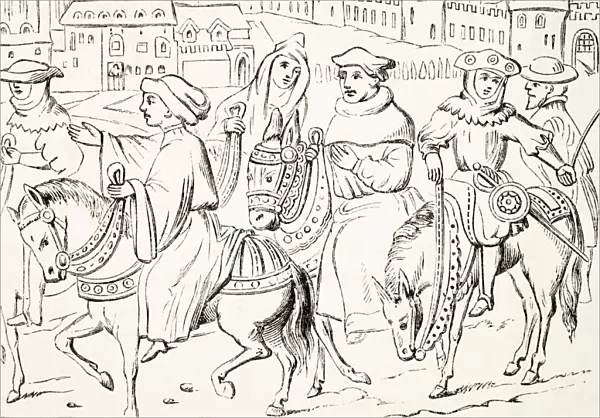 The Canterbury Pilgrims Leave Canterbury. Scene From The Canterbury Tales By Geoffrey Chaucer. From The National And Domestic History Of England By William Aubrey Published London Circa 1890