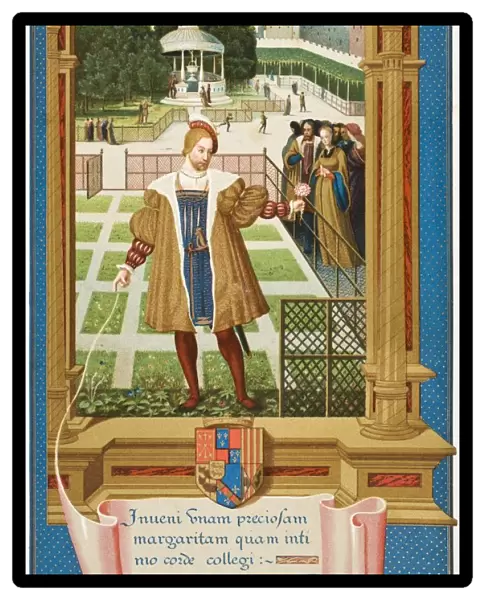 Henri D albret The King Of Navarre 1503 To 1555 Meeting Marguerite 1492 To 1549 In The Gardens Of Alencon After 16Th Century Miniature Attributed To Geoffroy Tory From Science And Literature In The Middle Ages By Paul Lacroix Published London 1878