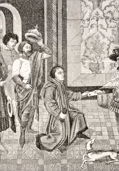 Charles, Eldest Son Of King Pepin, Receives The New Of The Death Of His Father And The Great Feudalists Offer Him The Crown. Costumes Worn Are Of The 15Th Century Court Of Burgundy. Facsimile Of Miniature From History Of The Emperors