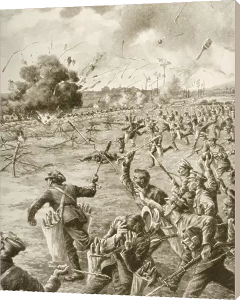 Bombs And Bayonets To The Fore: A Daybreak Charge On The British Front. The Bombers, Supported By Bayonets, Used Bombs Of The Rocket Shape On This Occasion Carried In Panniers, Or Canvas Bags. The Piece Of Webbing Attached Caused The Bombs To Land Head Downwards And Ensured Explosion. The Larger Explosions On The Left Were Caused By Hair-Brush Bombs, So Called From Their Shape. Drawn By Ralph Cleaver