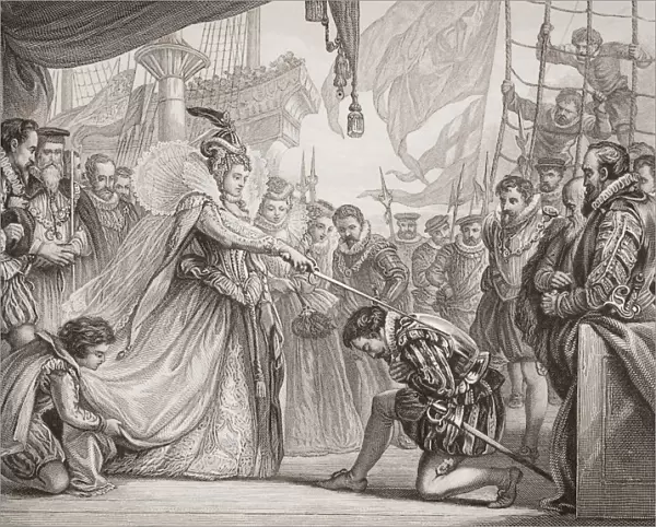 Queen Elizabeth I Knighting Drake On Board The Golden Hind At Deptford, 4Th April 1581. Engraved By F. Fraenkel After Sir. John Gilbert. From The Book 'Illustrations Of English And Scottish History'Volume 1